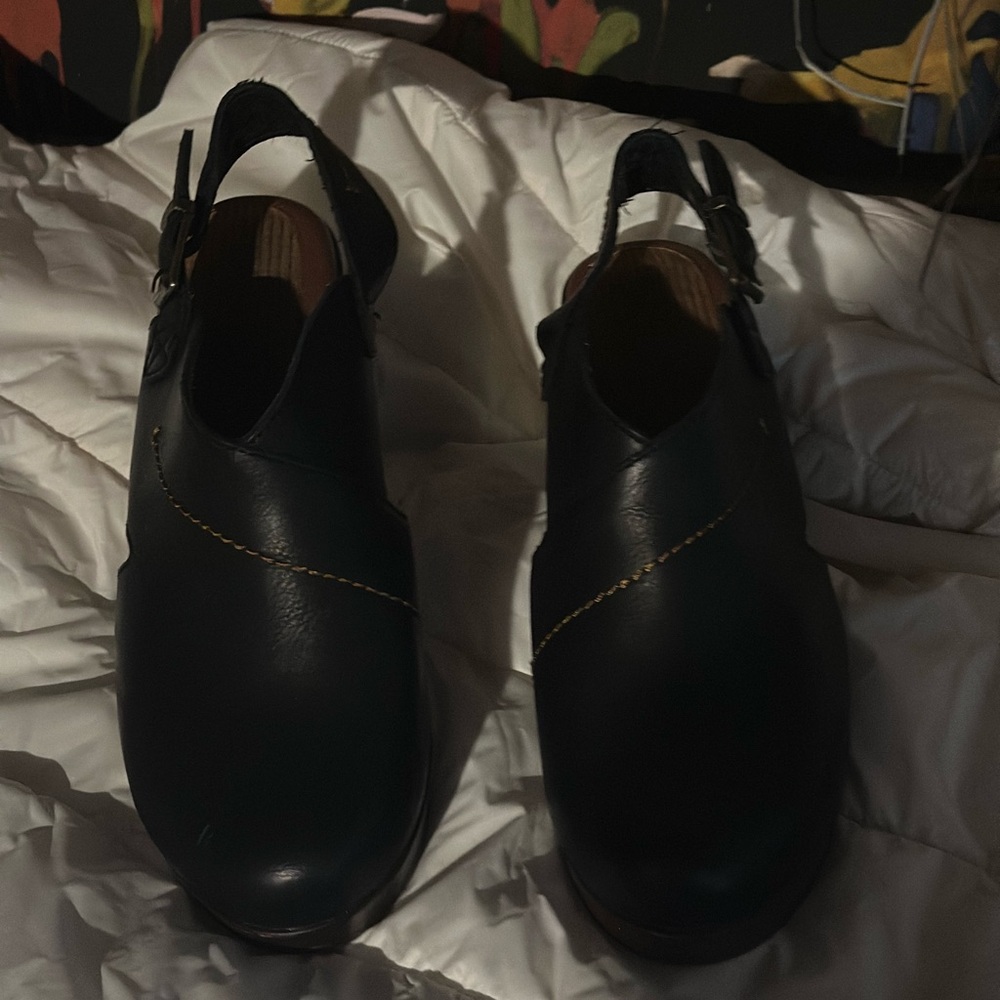 Boc Black Leather Slingback Clogs